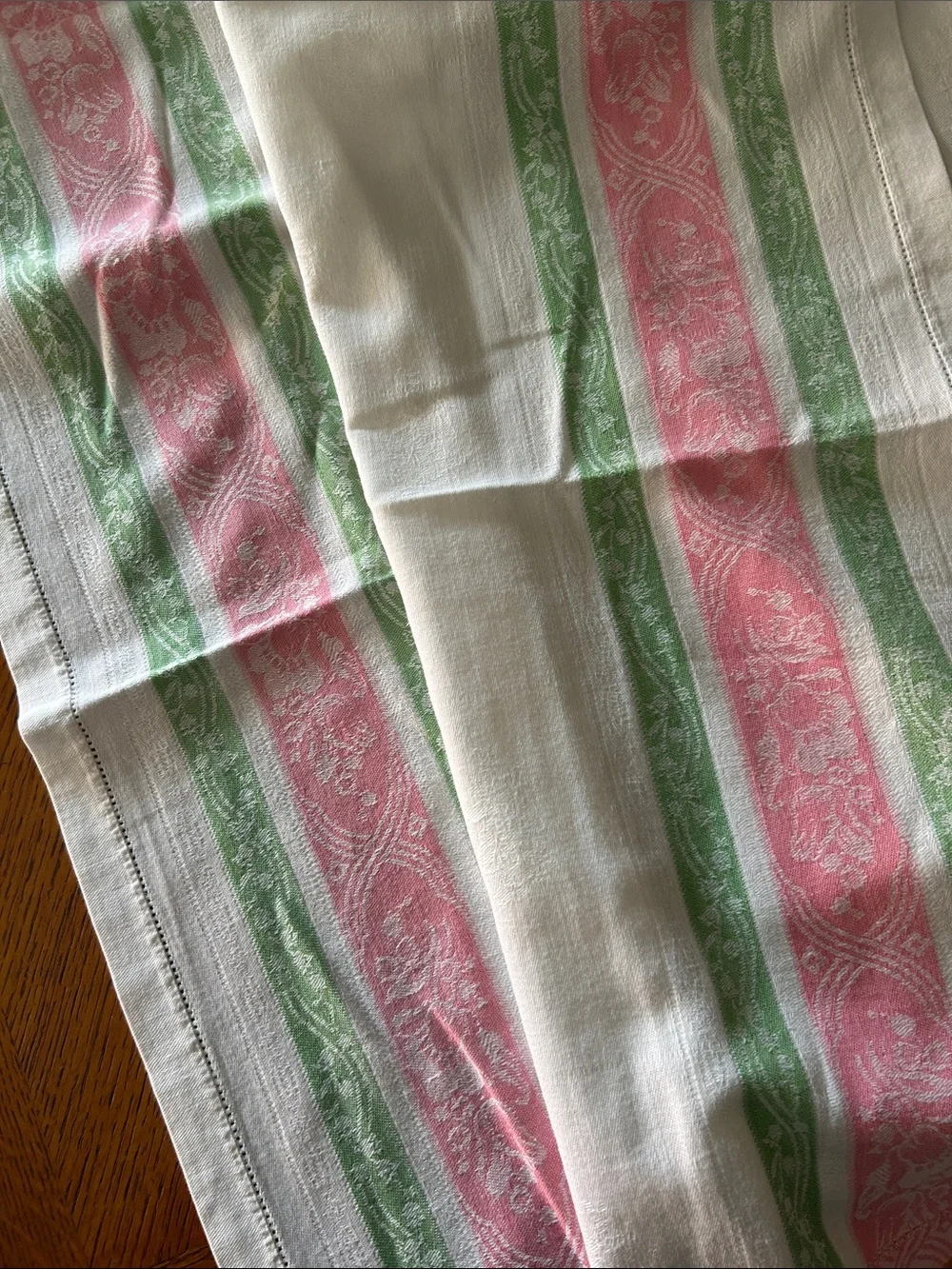 Vintage Classic White Tablecloth with Pink and Green Stripe